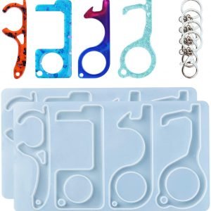 2Pcs No Touch Door Opener Hand Free Key Tool Silicone Mold with 4Pcs Key Rings for Epoxy Resin DIY Touchless Keychain