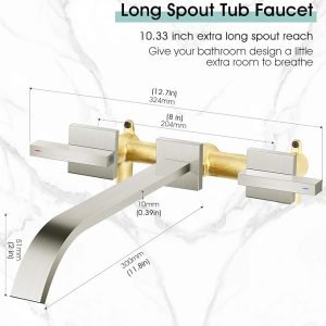 Modern Brushed Nickel Wall Mount Bathtub Faucet Solid Brass,AUU Double Handle Roman Tub Faucet Wall Mounted,Extra Long Tub Filler Spout Rough in Valve Included