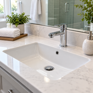 Illustrative bathroom sink service image; not a photo of a specific customer job