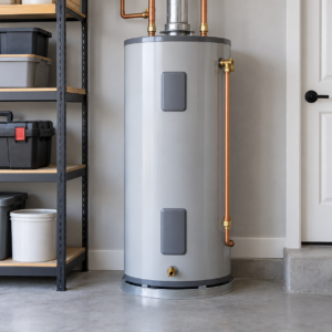 Illustrative water heater service image; not a photo of a specific customer job
